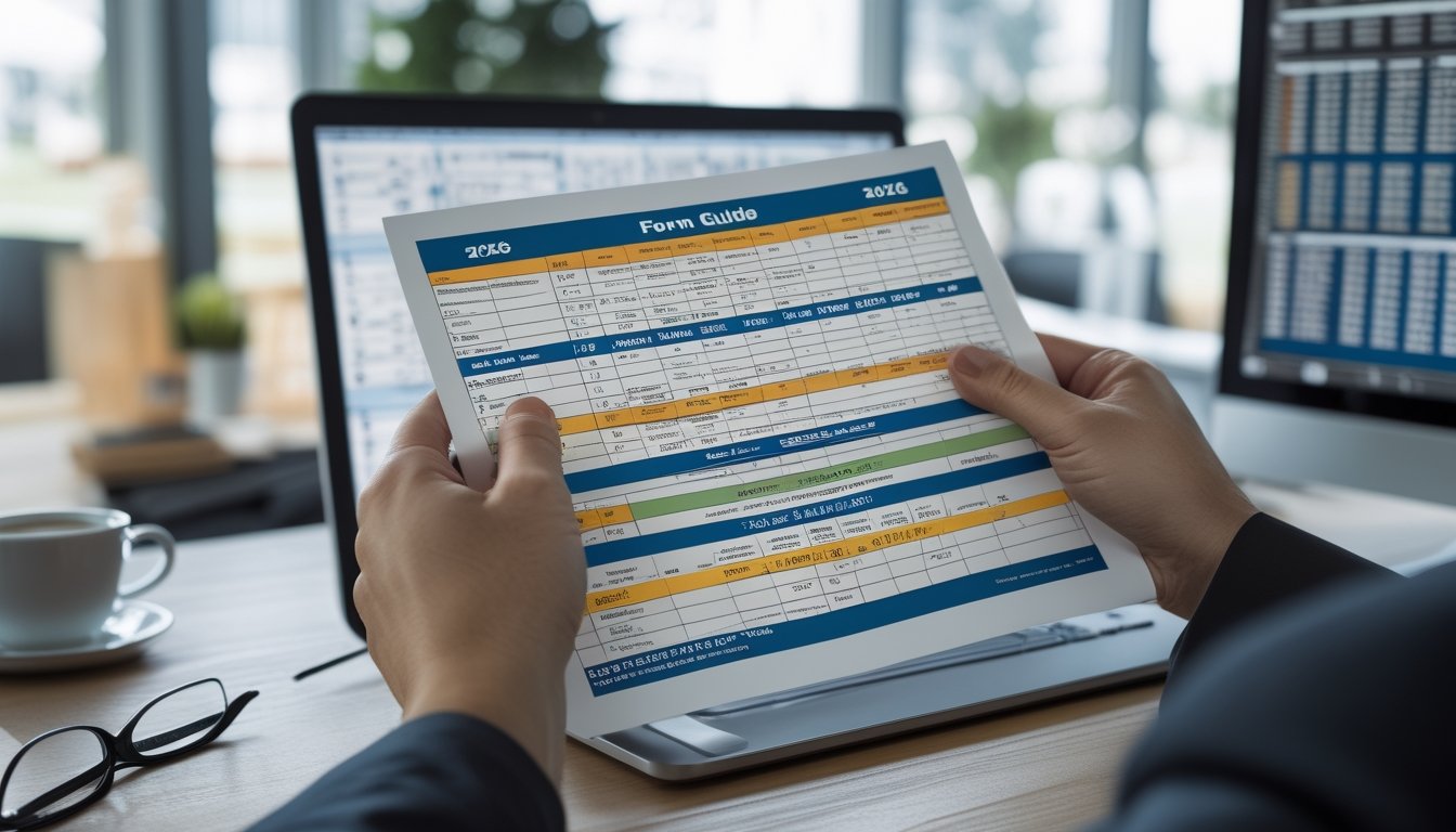 Seseorang sedang memeriksa lembar panduan balap kuda dengan data dan statistik di meja kerja.