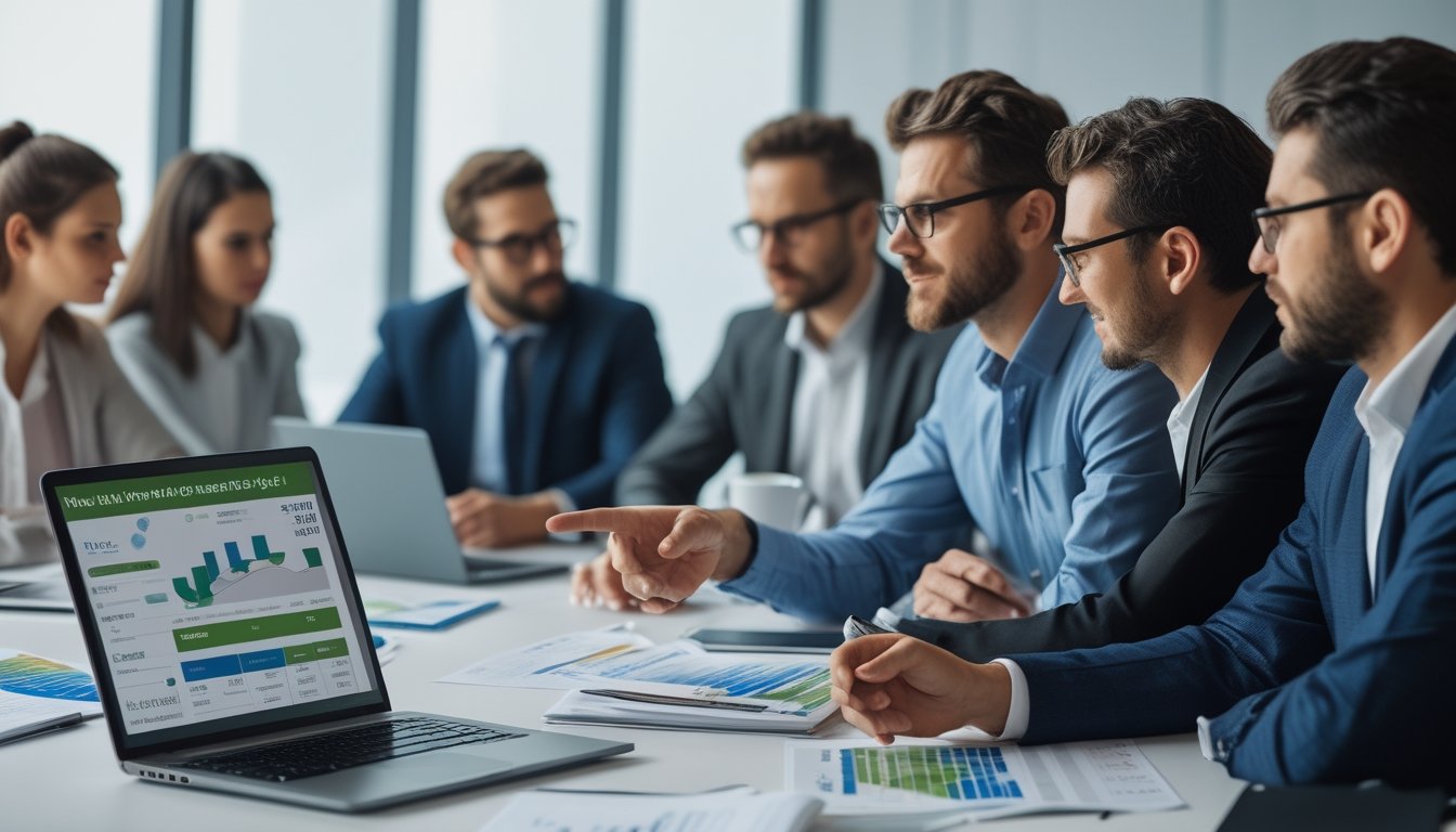Sekelompok profesional bisnis sedang berdiskusi di ruang kantor dengan laptop dan dokumen di atas meja, memperhatikan layar yang menampilkan data dan grafik.