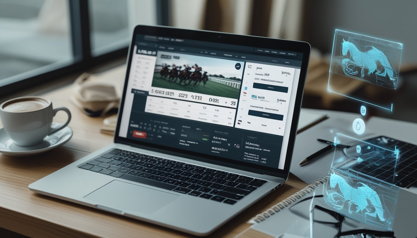 Seorang pria menggunakan laptop dan ponsel untuk memasang taruhan balap kuda secara online di sebuah meja kerja yang rapi.