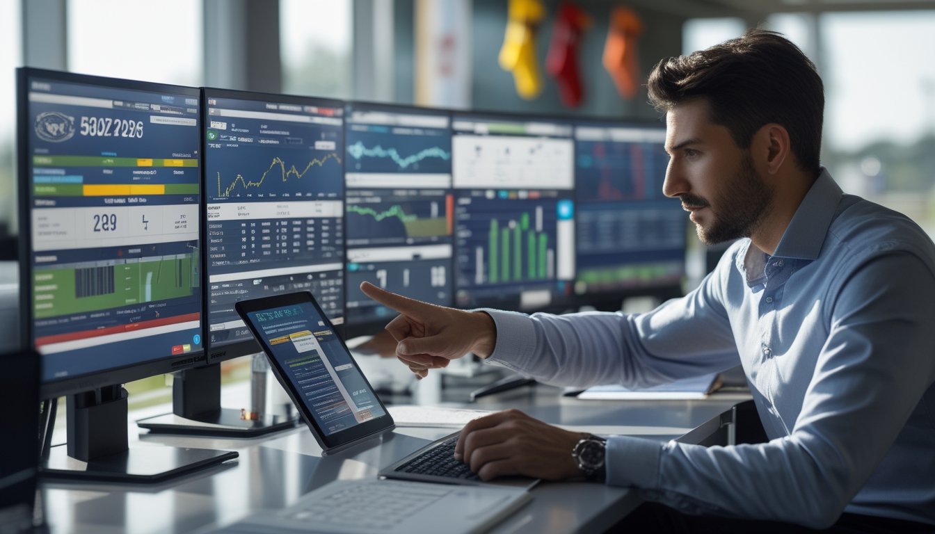 Seorang analis sedang memeriksa data statistik dan riwayat kuda balap di sebuah meja kerja dengan beberapa layar digital.