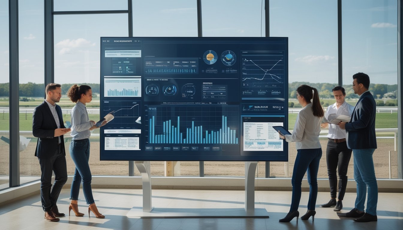 Sekelompok analis balap kuda sedang melihat data statistik dan grafik pada layar digital besar di kantor dengan latar belakang lintasan balap kuda.