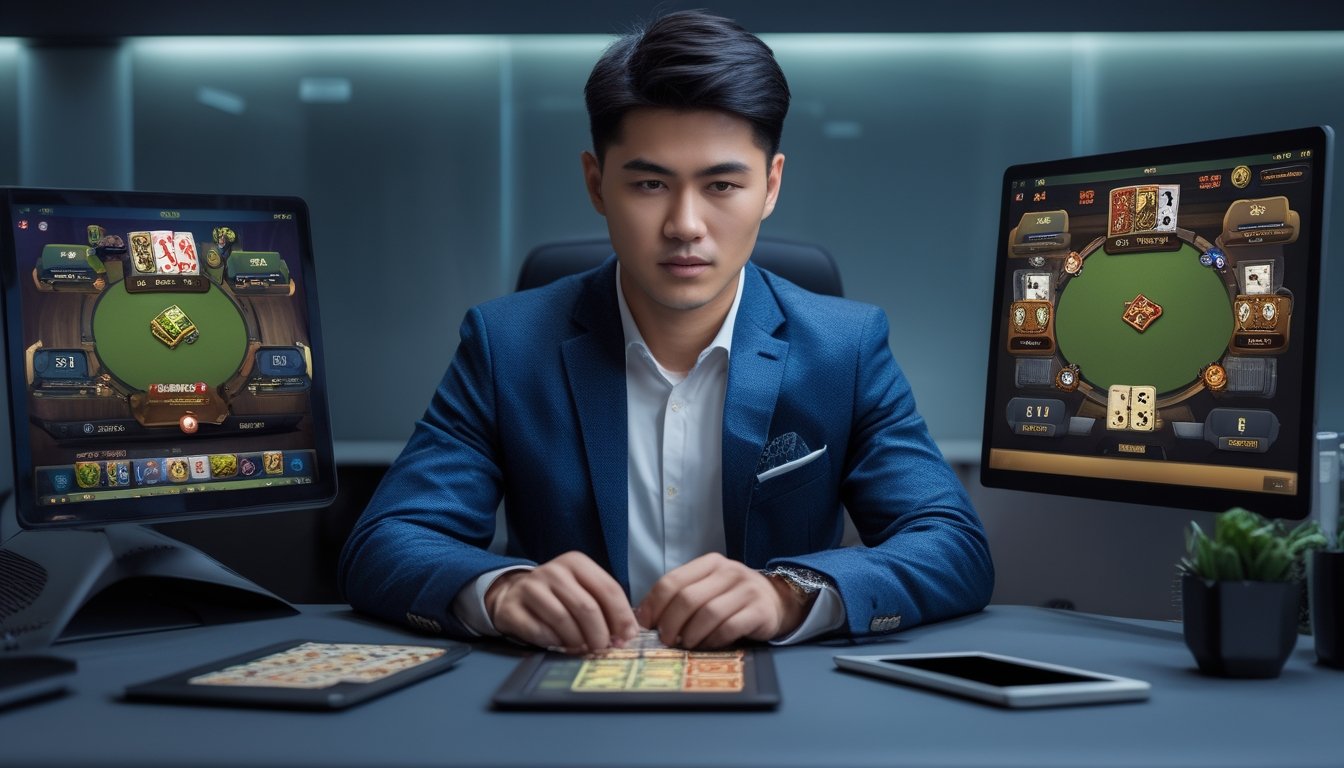 Seorang pria muda sedang duduk di meja modern dengan beberapa perangkat digital yang menampilkan permainan kartu online, tampak fokus dan berpikir strategis.