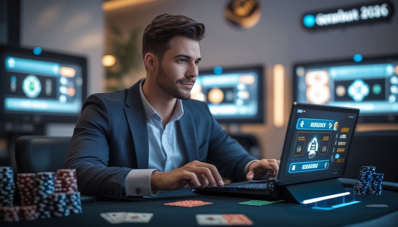 Seorang pria fokus bermain permainan kartu online di meja dengan layar digital dan chip poker di sekitarnya.
