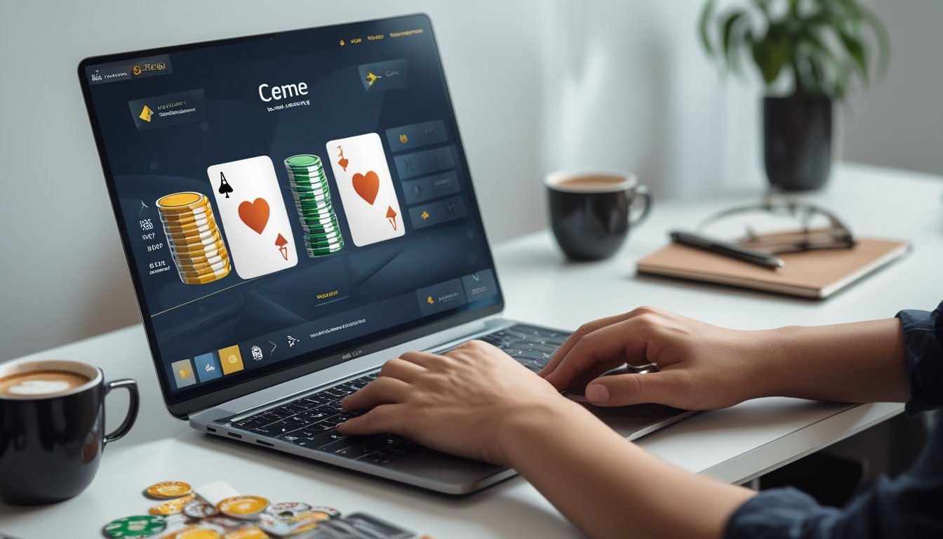 Seseorang sedang bermain permainan kartu Ceme secara online di depan komputer dengan kartu dan chip di layar.