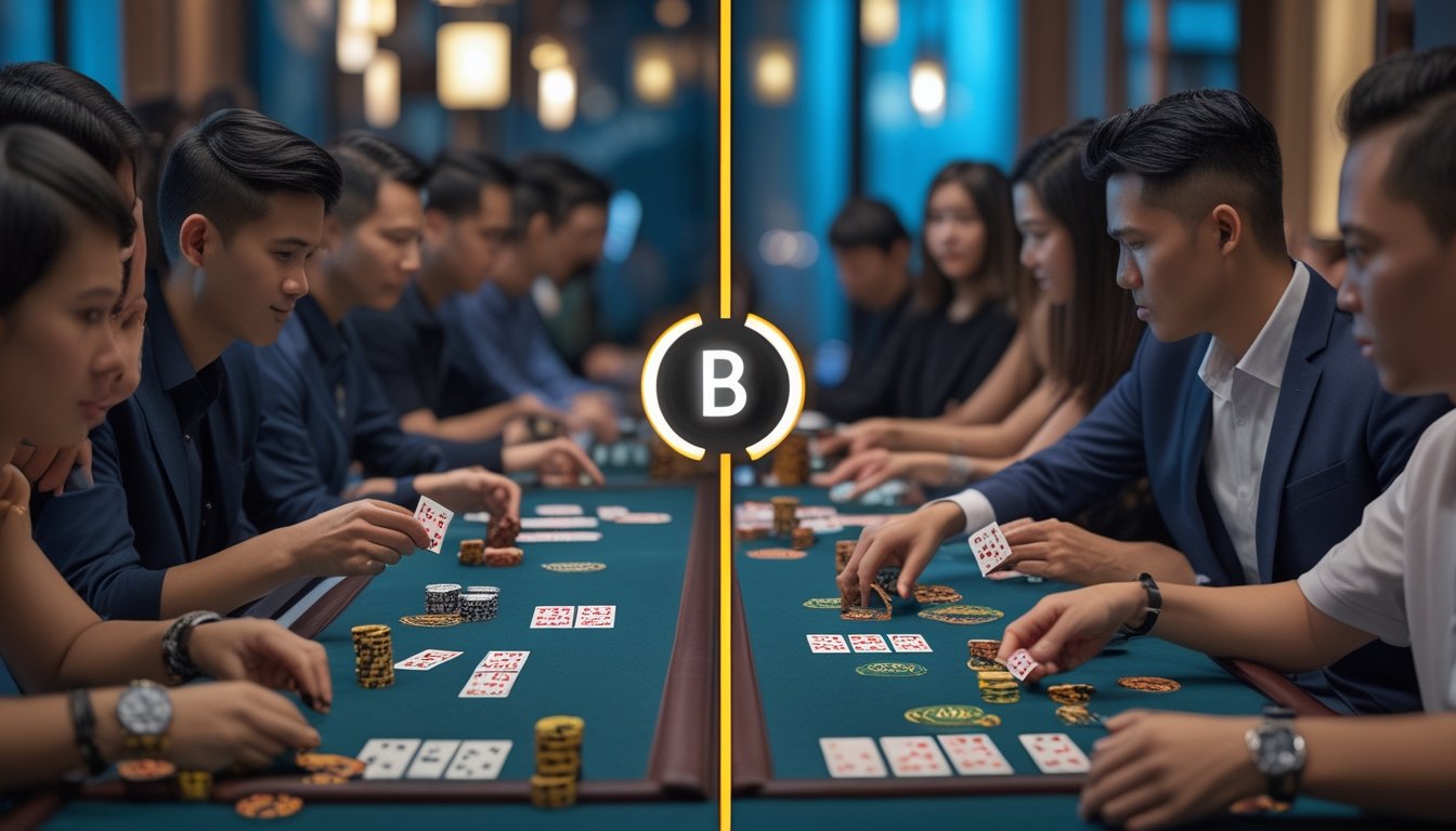 Beberapa orang sedang bermain permainan kartu Ceme Keliling dan Bandar Ceme di meja permainan dengan suasana santai dan fokus.