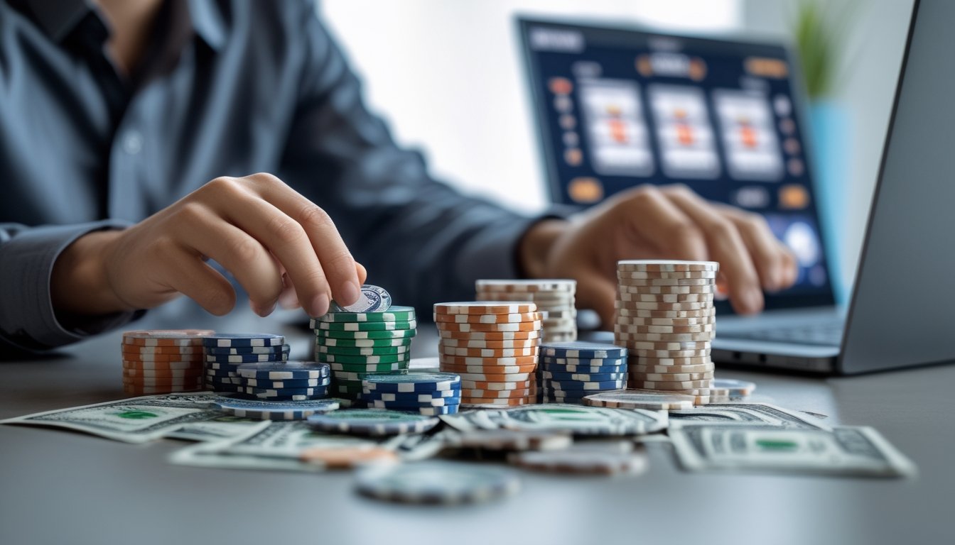 Seorang individu sedang mengatur tumpukan chip dan uang di depan layar perangkat yang menampilkan permainan Ceme online.
