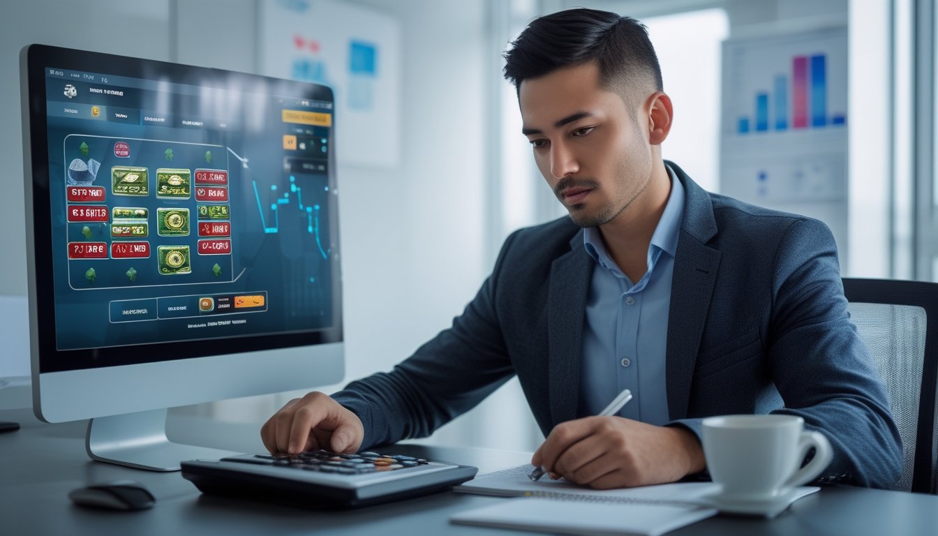 Seorang pria sedang mengelola modal di depan layar komputer dengan tampilan permainan Ceme online dan alat tulis di meja.