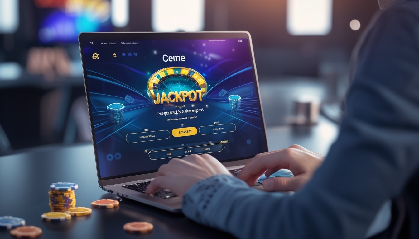 Seseorang menggunakan laptop dengan tampilan permainan Ceme online dan indikator jackpot progresif di layar.