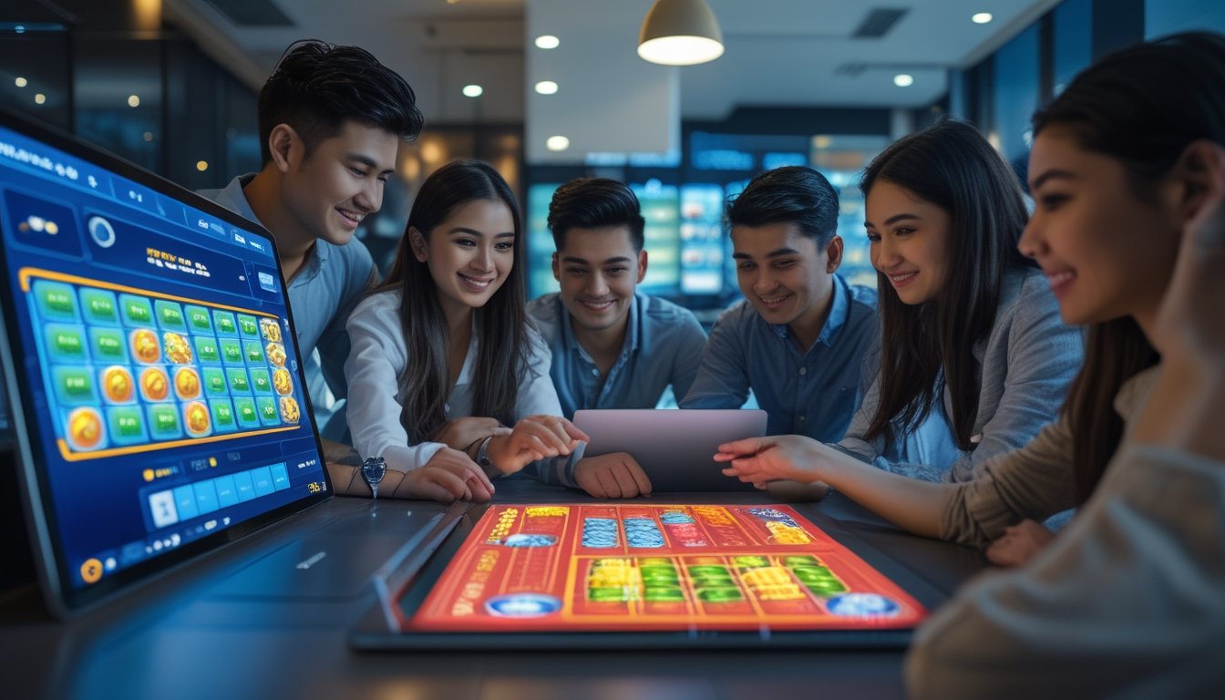 Beberapa orang muda sedang bermain permainan Ceme online di laptop dan tablet di ruangan modern dengan suasana fokus dan antusias.
