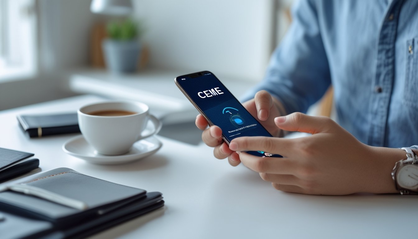 Seorang dewasa muda memegang smartphone siap bermain Ceme online dengan koneksi internet stabil di meja yang rapi dan terang.
