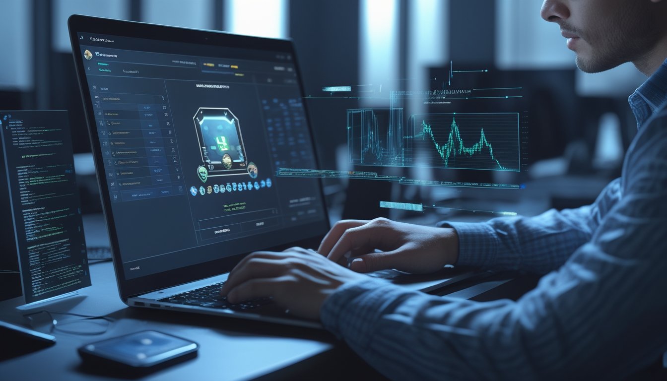 Seorang individu sedang menganalisis permainan kartu online di depan laptop di ruang kantor modern dengan elemen teknologi di sekitarnya.