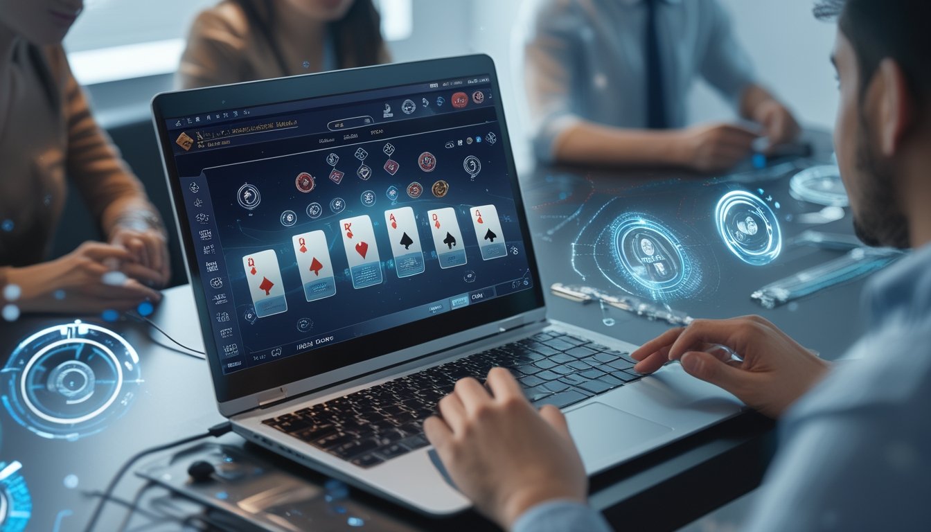 Seorang pemain menggunakan komputer untuk bermain permainan kartu Ceme online dengan ilustrasi teknologi dan elemen AI di sekitar layar.