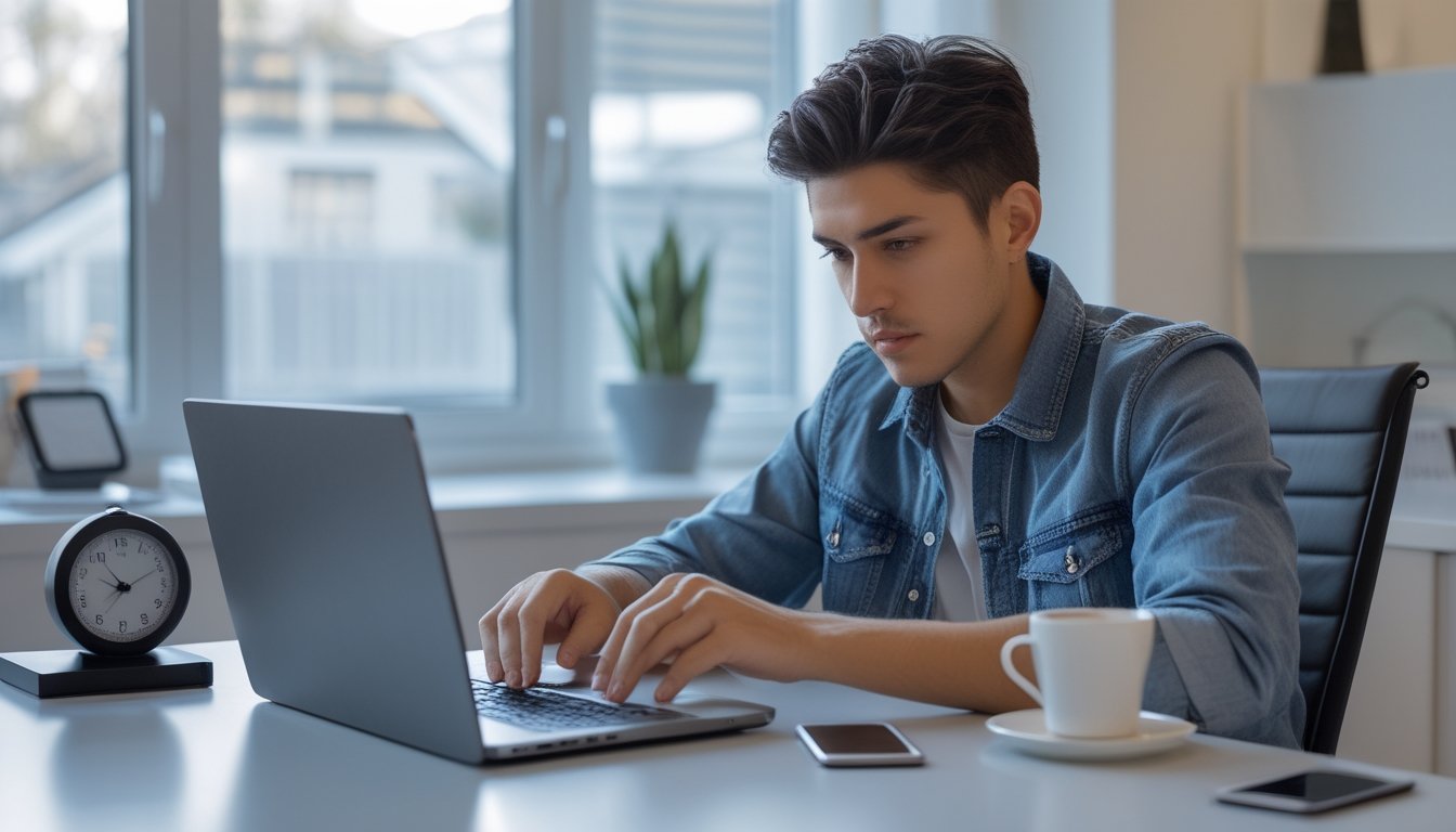 Seseorang duduk di meja kerja yang rapi sambil bermain permainan kartu online di laptop dengan ekspresi tenang dan fokus.