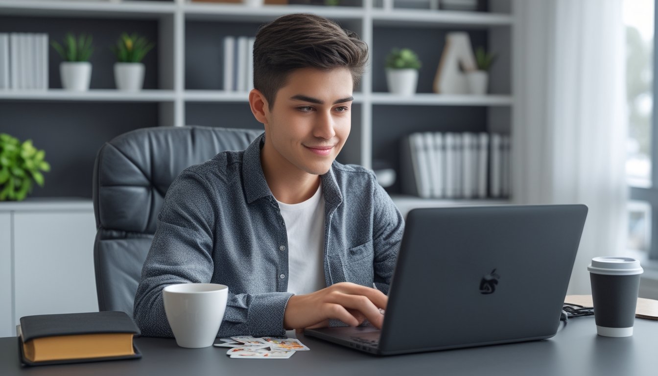 Seorang dewasa muda duduk di meja dengan laptop, bermain permainan kartu online dengan fokus dan tenang di ruang kerja rumah yang rapi.