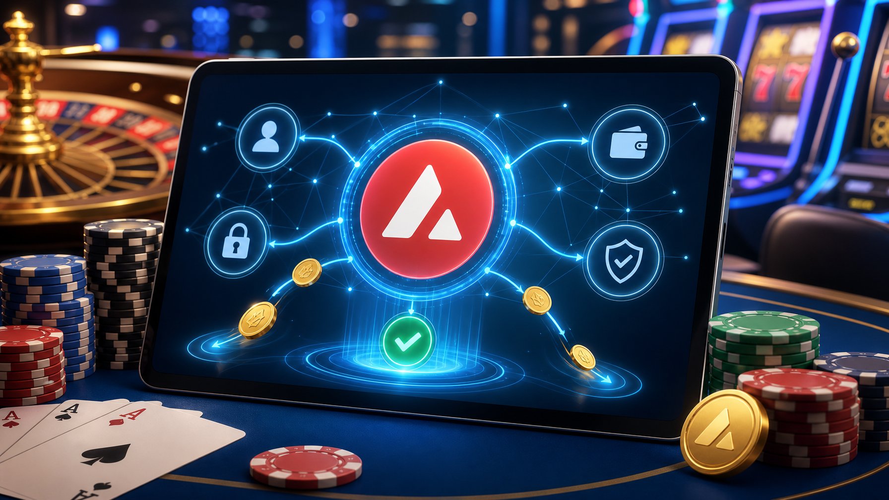 A Digital Payment Interface With Network Connections Overlaid On Casino Elements Like Poker Chips And Playing Cards, Illustrating A Secure And Fast Casino Payment Method.