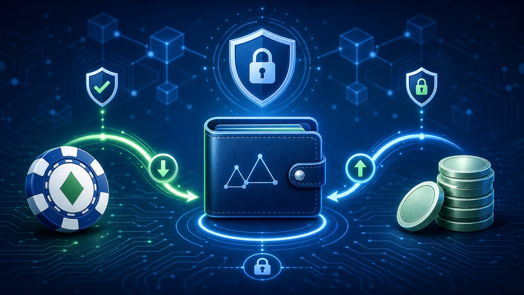 Illustration Showing Digital Wallet Connected To Casino Chips And Coins With Symbols Representing Secure Online Transactions.