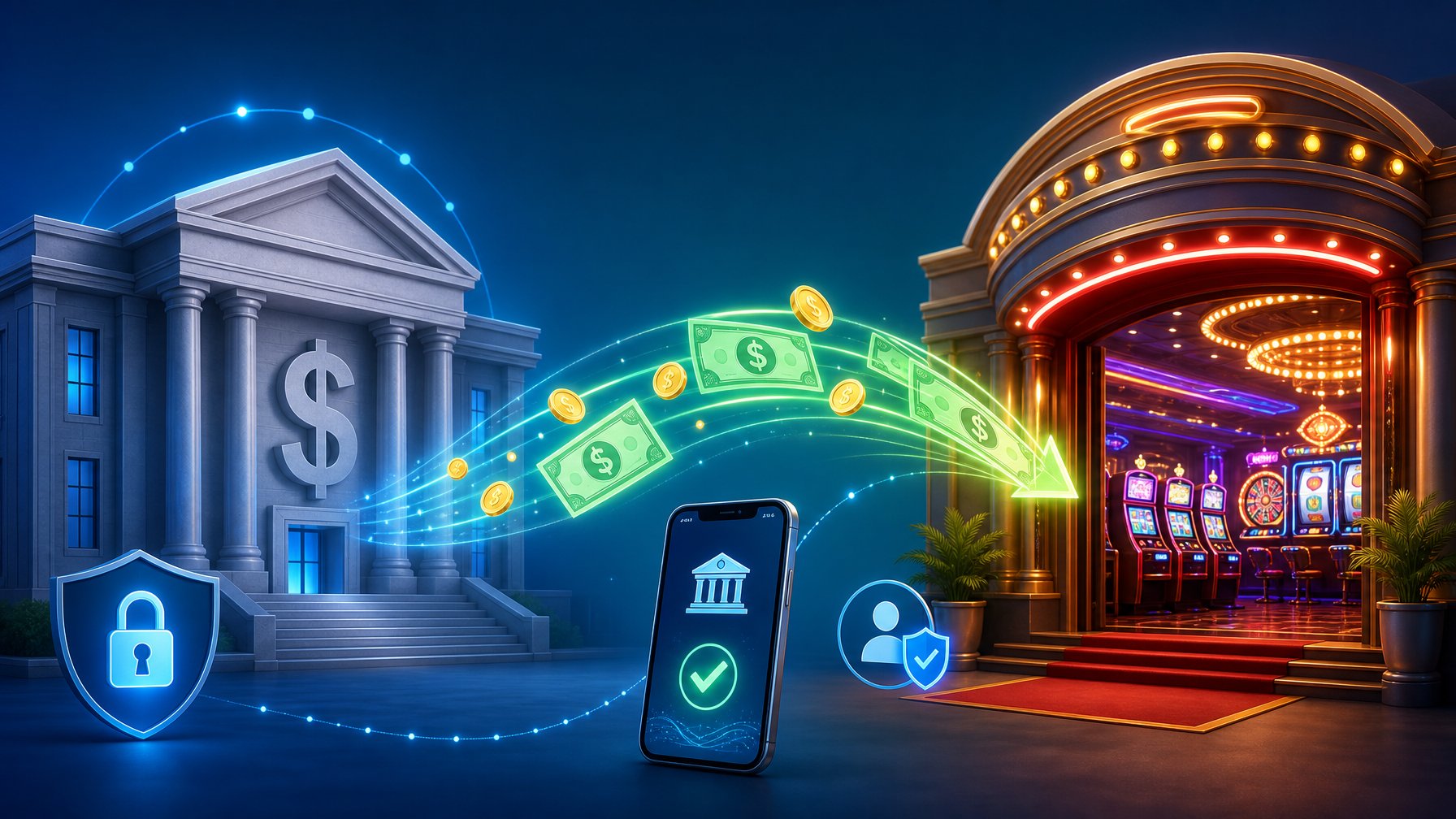 A Bank Building Connected By Glowing Money Flowing To A Casino Entrance With Slot Machines Inside, Symbolizing A Bank Transfer Payment Method.