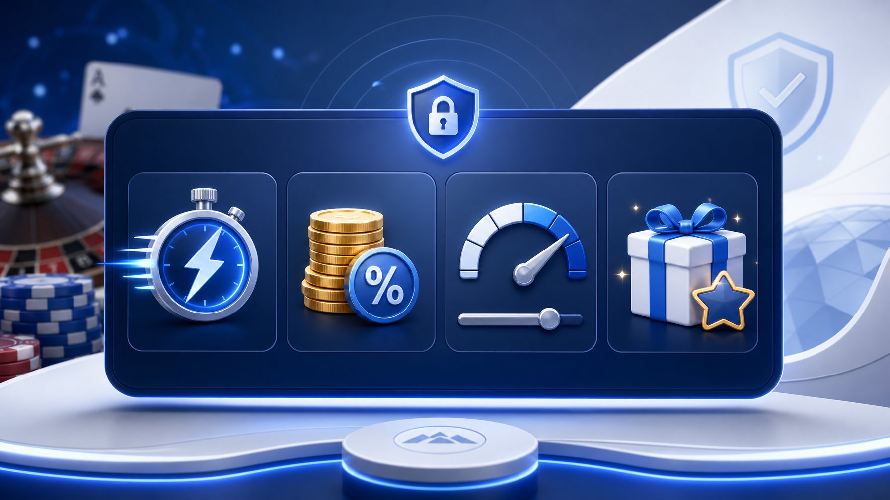 A Digital Interface Showing Icons For Fast Transactions, Low Fees, Transaction Limits, And Bonus Eligibility In A Modern Online Casino Setting.