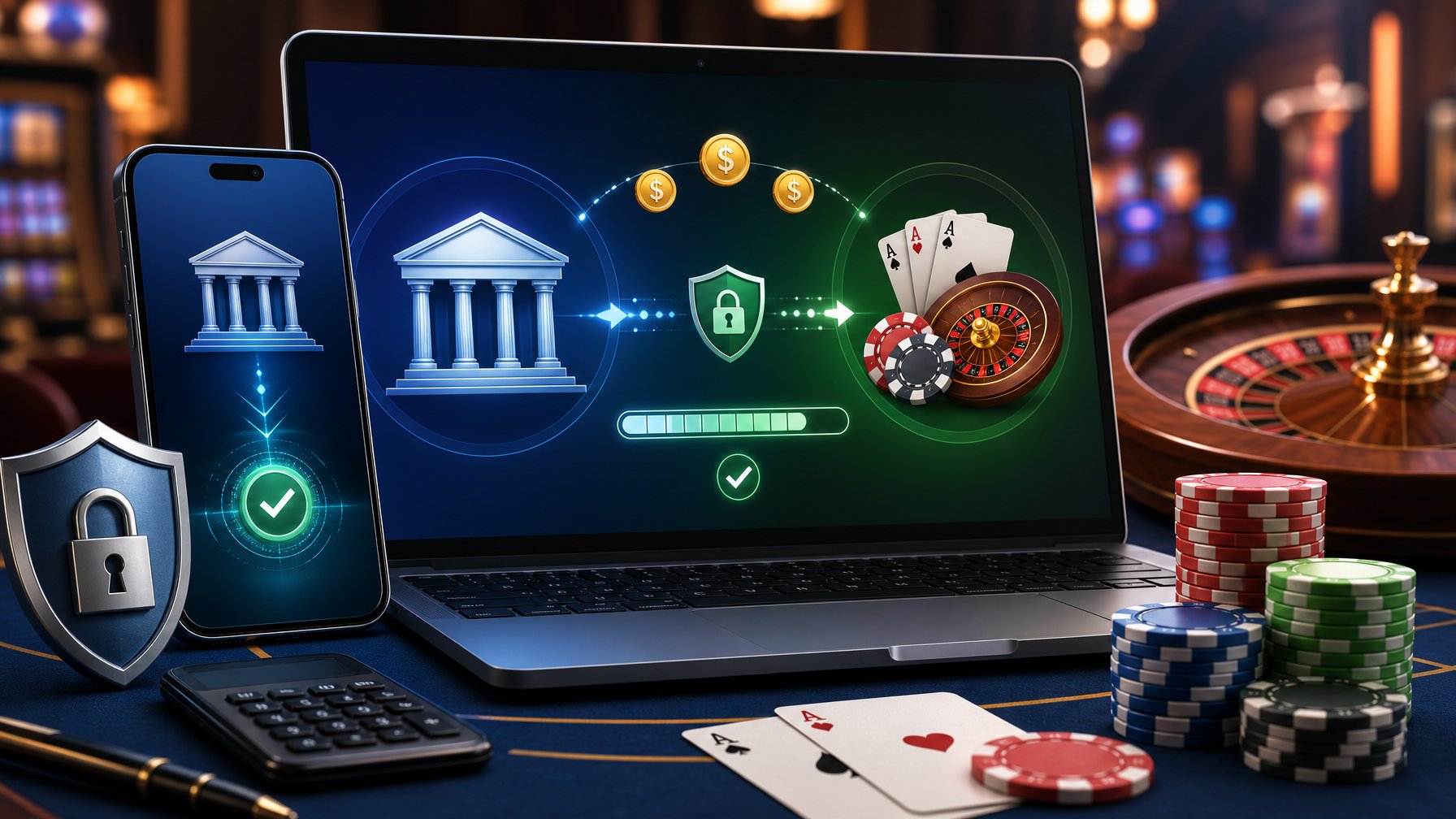 A Digital Interface Showing A Secure Bank Transfer Connecting A Bank And A Casino Environment With Poker Chips And Playing Cards.