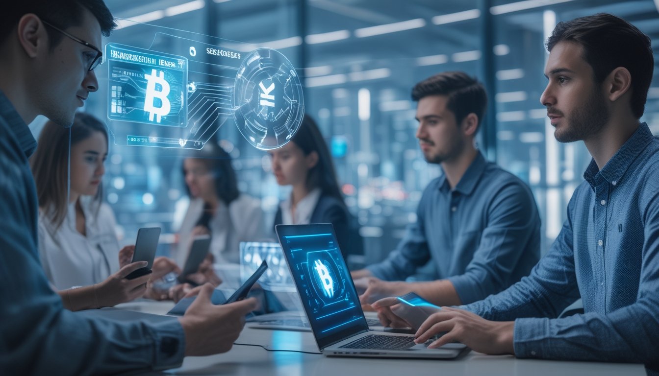 Sekelompok orang muda menggunakan ponsel dan laptop di kantor modern dengan tampilan grafis transaksi digital mengambang di udara.