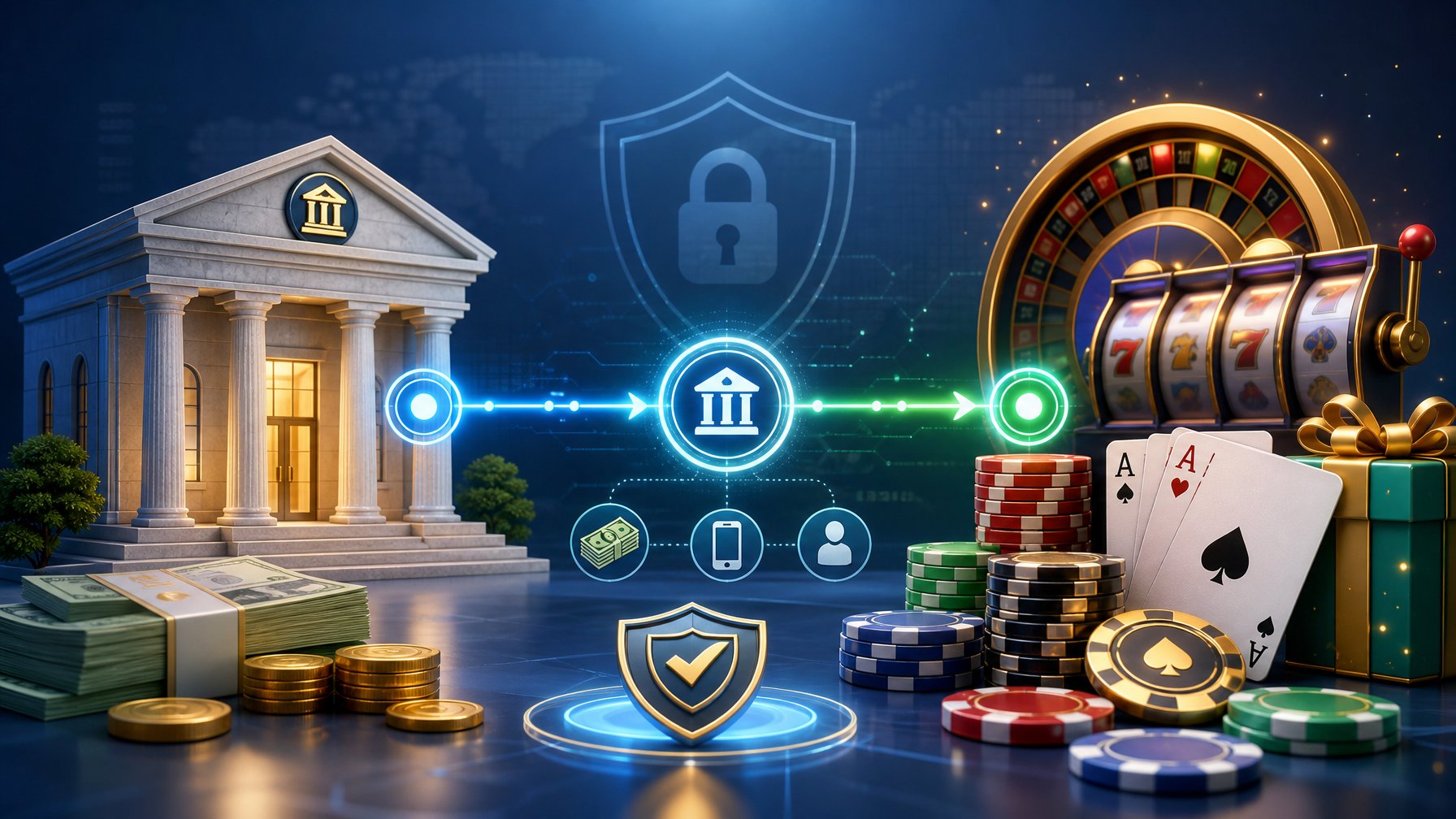 Illustration Showing A Bank Connected By A Digital Line To A Casino With Poker Chips, Cards, And Slot Machines, Symbolizing Bank Transfer Payments For Casino Use.