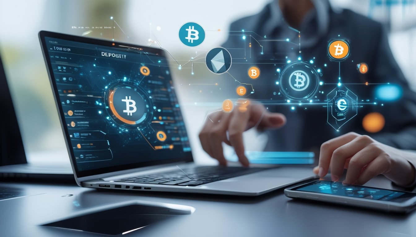 Tangan seseorang menggunakan laptop dan ponsel dengan ikon e-wallet dan kripto di layar, menunjukkan transaksi online cepat.