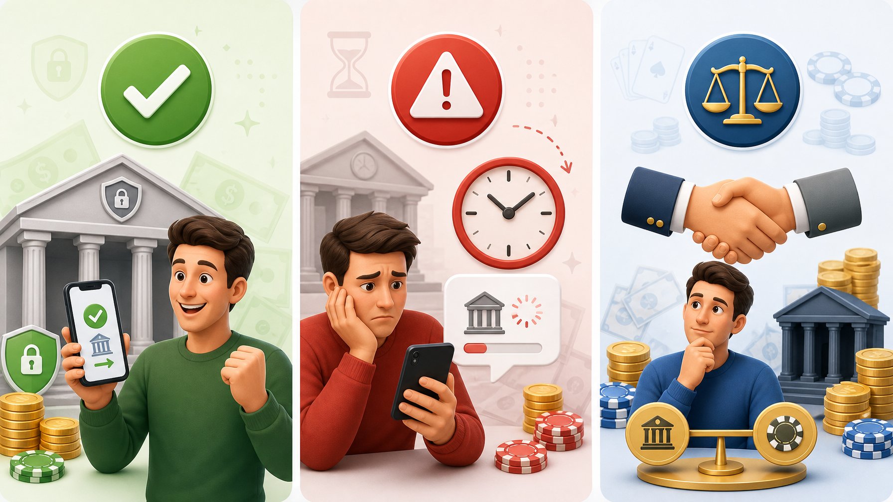 An Illustration Showing Three Sections: Pros With Positive Banking And Casino Payment Symbols, Cons With Caution Signs And Delays, And A Final Balanced Decision With Handshake And Calm User.