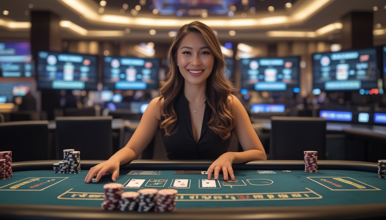 Seorang dealer kasino wanita duduk di meja permainan dengan kartu dan chip, dikelilingi layar yang menampilkan permainan kasino online secara real-time.