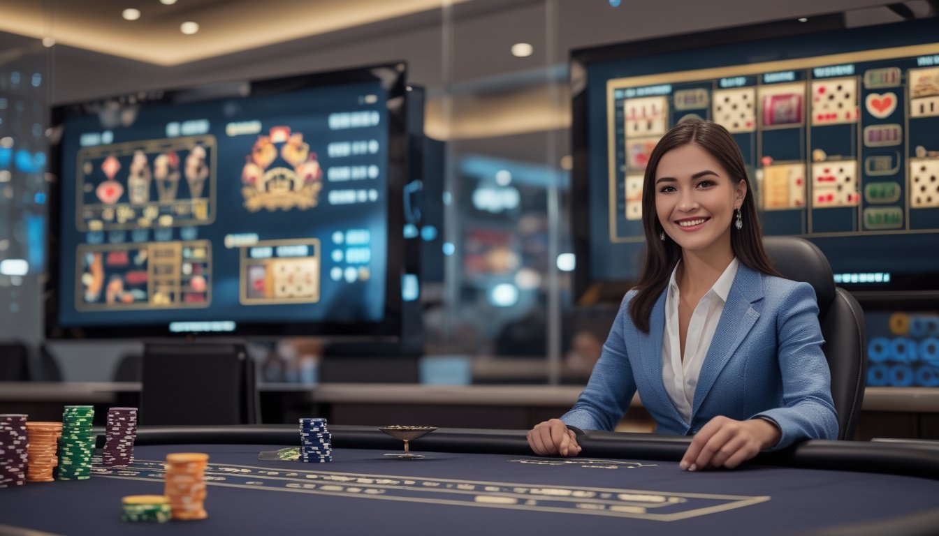 Seorang dealer kasino wanita duduk di meja permainan dengan kartu dan chip, di latar belakang layar besar menampilkan permainan kasino online secara real-time.