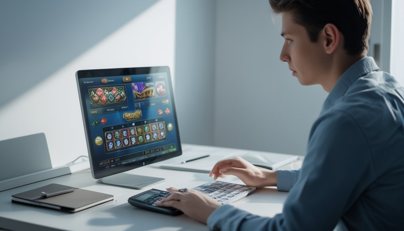Seseorang duduk di depan laptop sambil mencatat dan menggunakan kalkulator, mengelola keuangan untuk bermain kasino online.