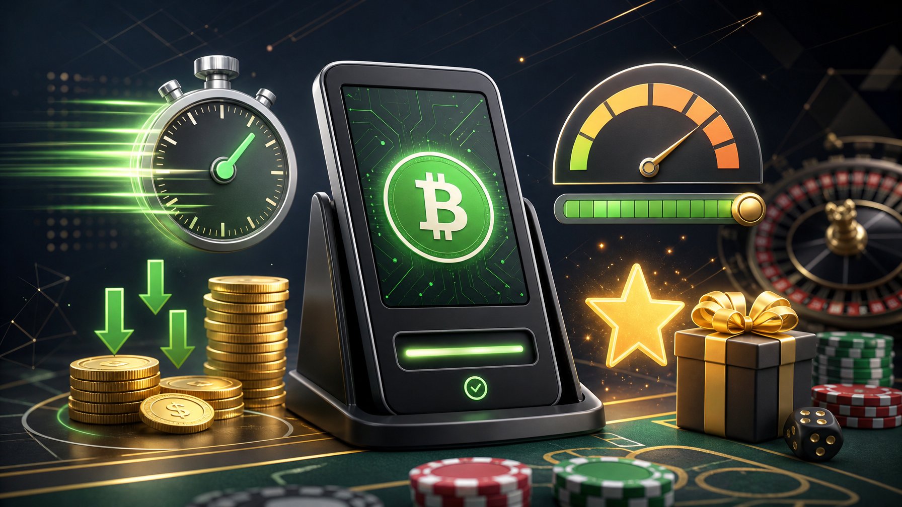 A Digital Casino Scene Showing A Bitcoin Cash Payment Terminal Surrounded By Icons Representing Speed, Fees, Transaction Limits, And Bonuses.