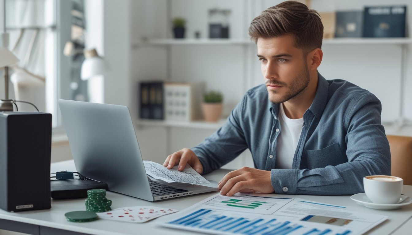 Seorang pria muda duduk di meja kerja dengan laptop dan chip kasino, fokus menganalisis strategi pengelolaan uang untuk bermain kasino online.