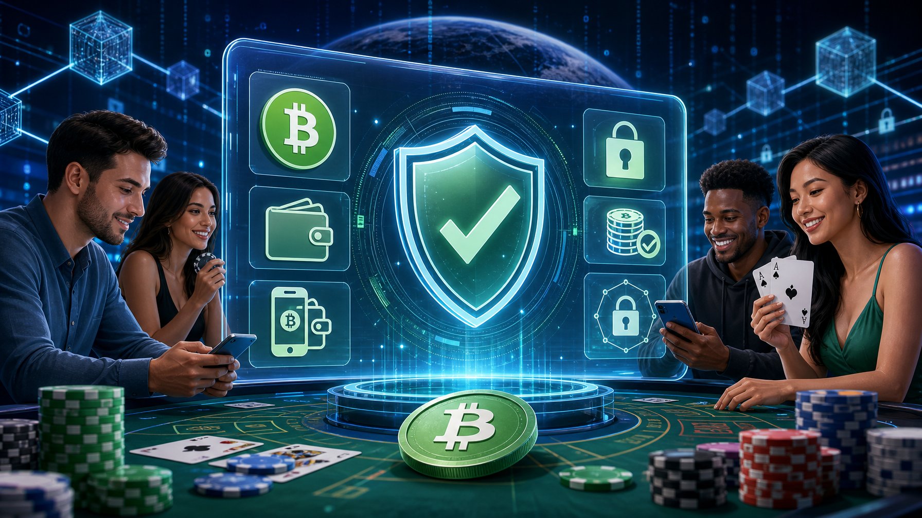 A Digital Scene Showing Secure Bitcoin Cash Payment Processing With A Shield Symbol, Diverse Players Interacting With Casino Elements, And Blockchain Motifs In The Background.