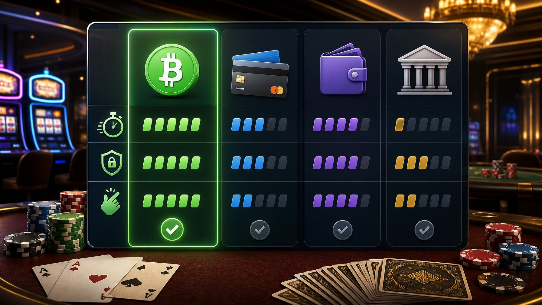 A Digital Interface Showing Various Casino Payment Options Including Bitcoin Cash, Credit Cards, And EWallets, Set Within A Casino Environment With Poker Chips And Cards.