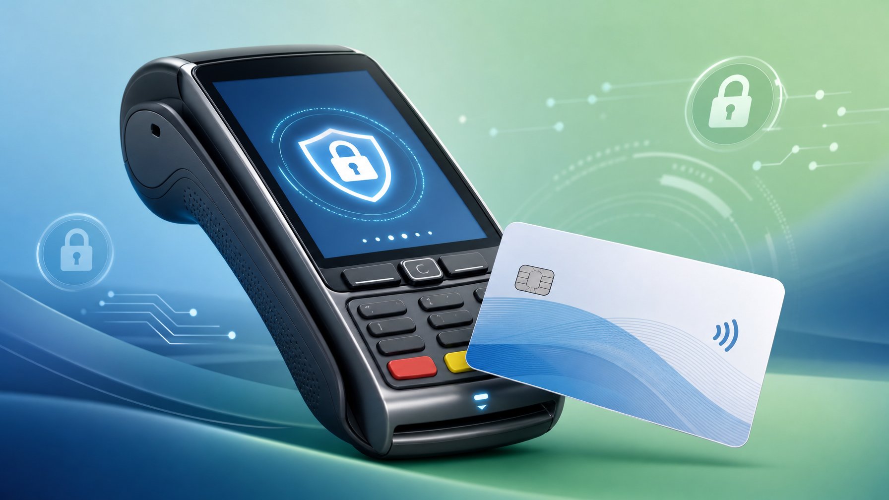 A Payment Terminal With A Credit Card Being Used For A Secure Transaction, Surrounded By Abstract Digital Security Symbols.