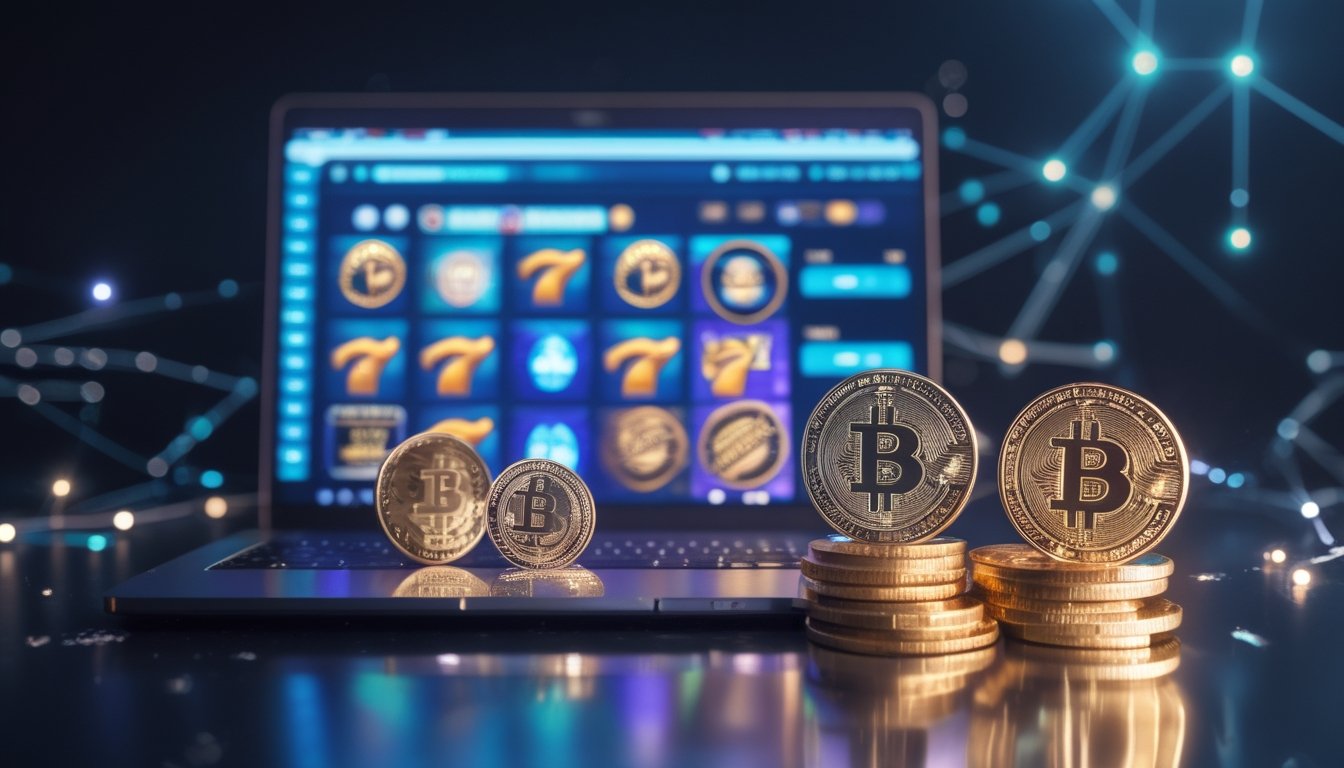 Seorang pengguna mengakses kasino online di laptop dengan koin Bitcoin dan USDT di depan layar, menampilkan transaksi cepat menggunakan cryptocurrency.