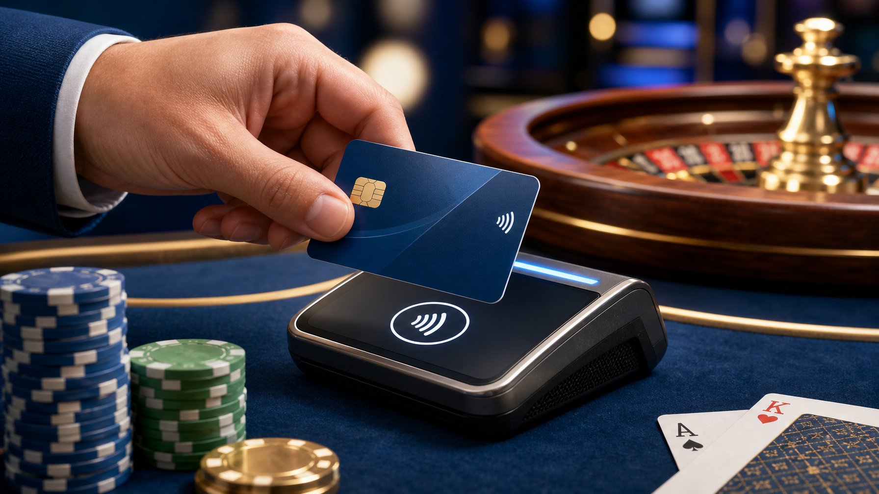 A Hand Holding A Bank Card Near A Casino Payment Terminal With Poker Chips And Playing Cards In The Background.