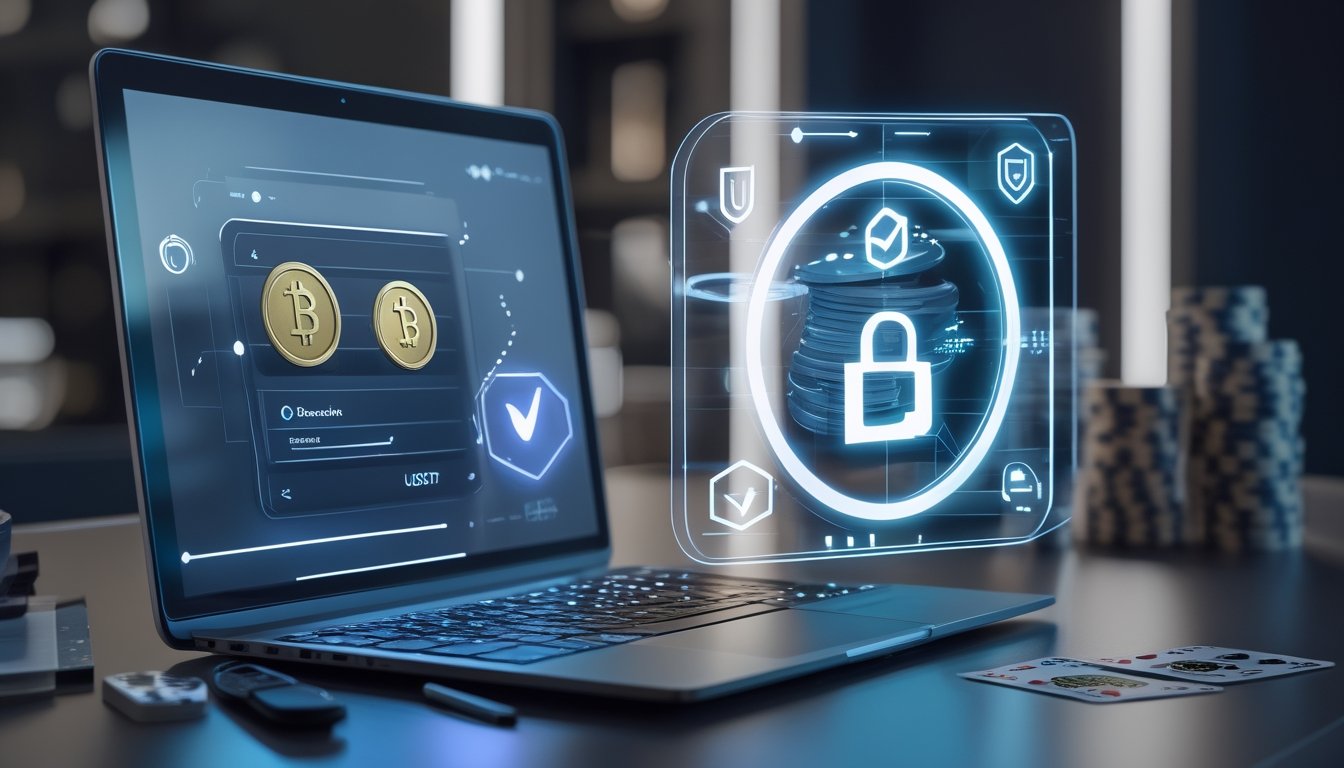 Seorang profesional bekerja dengan laptop yang menampilkan dompet digital dan simbol cryptocurrency, dengan ikon keamanan dan elemen kasino di latar belakang.