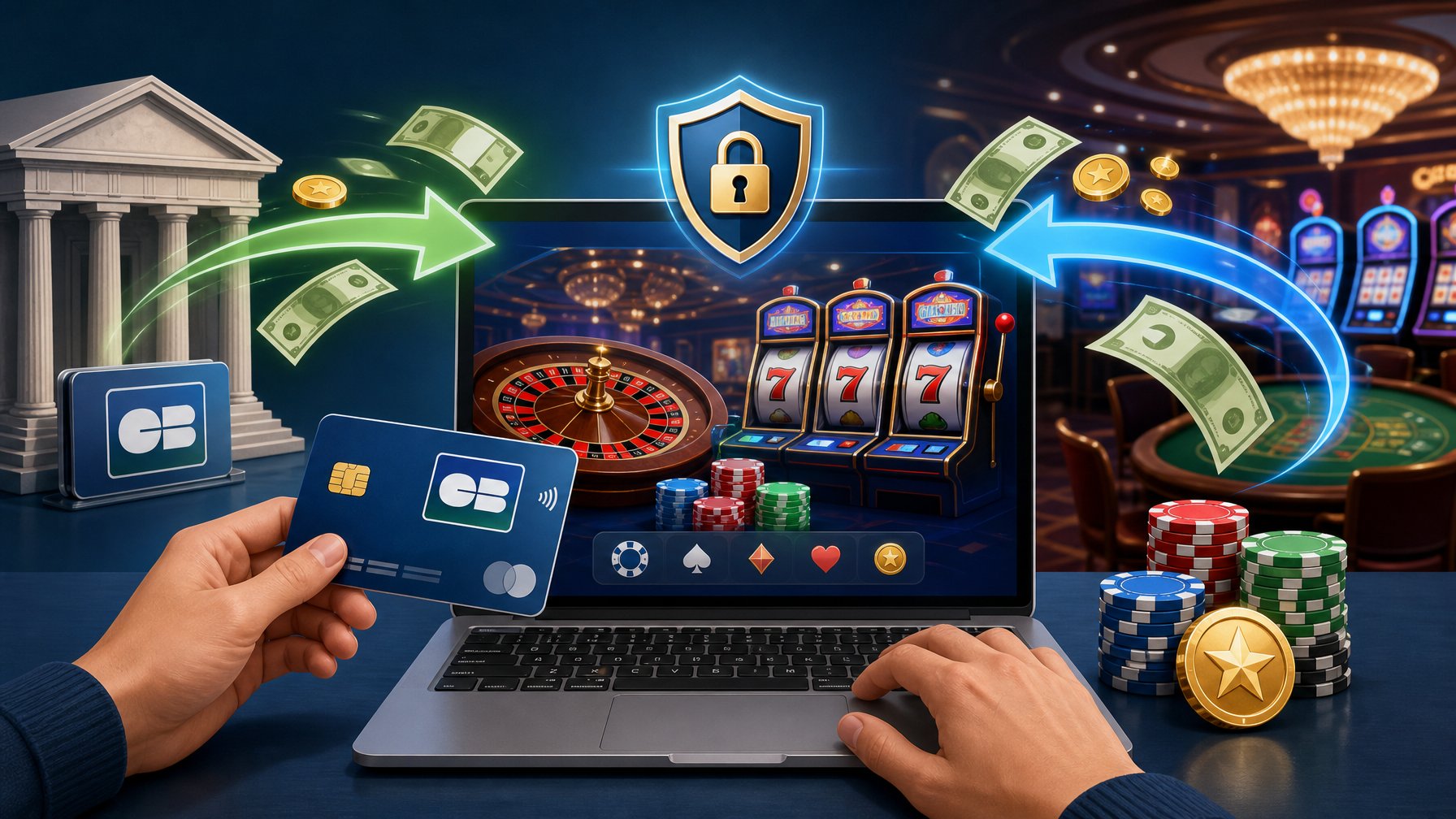 A Person Using A Smartphone To Make Deposits And Cashouts With A Bank Card At A Casino, Showing Money Flowing Between The Card And Casino Chips.