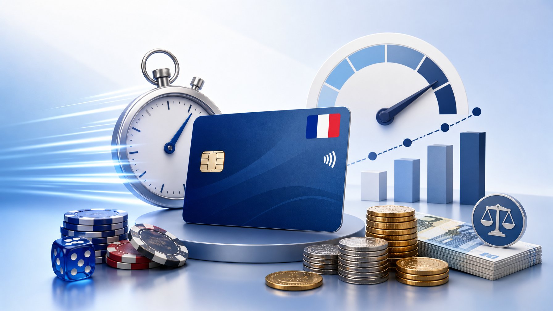 A Credit Card With French Colors Surrounded By Icons Representing Speed, Money, And Financial Limits, Illustrating Casino Payment Concepts.
