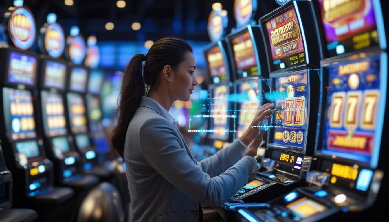 Seorang dewasa memilih mesin slot di kasino modern dengan lampu berwarna-warni dan simbol jackpot, menunjukkan suasana penuh semangat dan peluang menang besar.