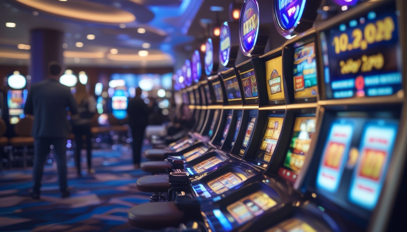 Suasana kasino modern dengan mesin slot berwarna-warni yang sedang berputar, dikelilingi oleh pemain yang antusias dan lampu yang terang.