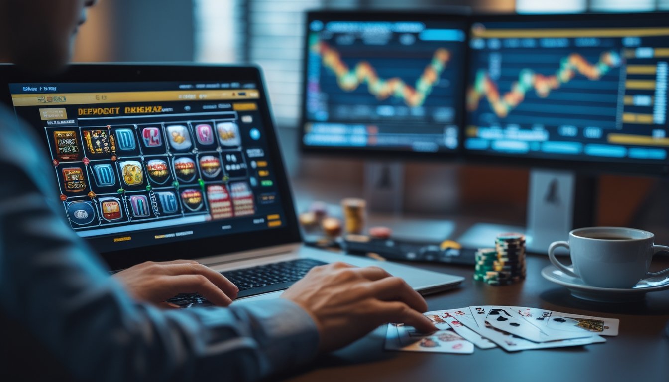 Seorang pengguna laptop dan ponsel di meja dengan tampilan permainan kasino online, chip kasino, dan kartu bermain di sekitar, menggambarkan aktivitas memanfaatkan bonus deposit dan rakeback kasino online.