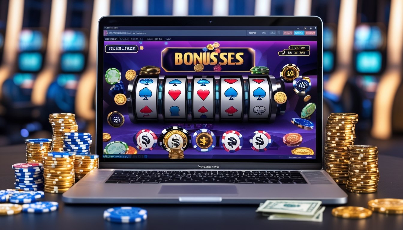 Seorang pengguna komputer dengan tampilan antarmuka kasino online dan tumpukan chip serta koin di sekitarnya.