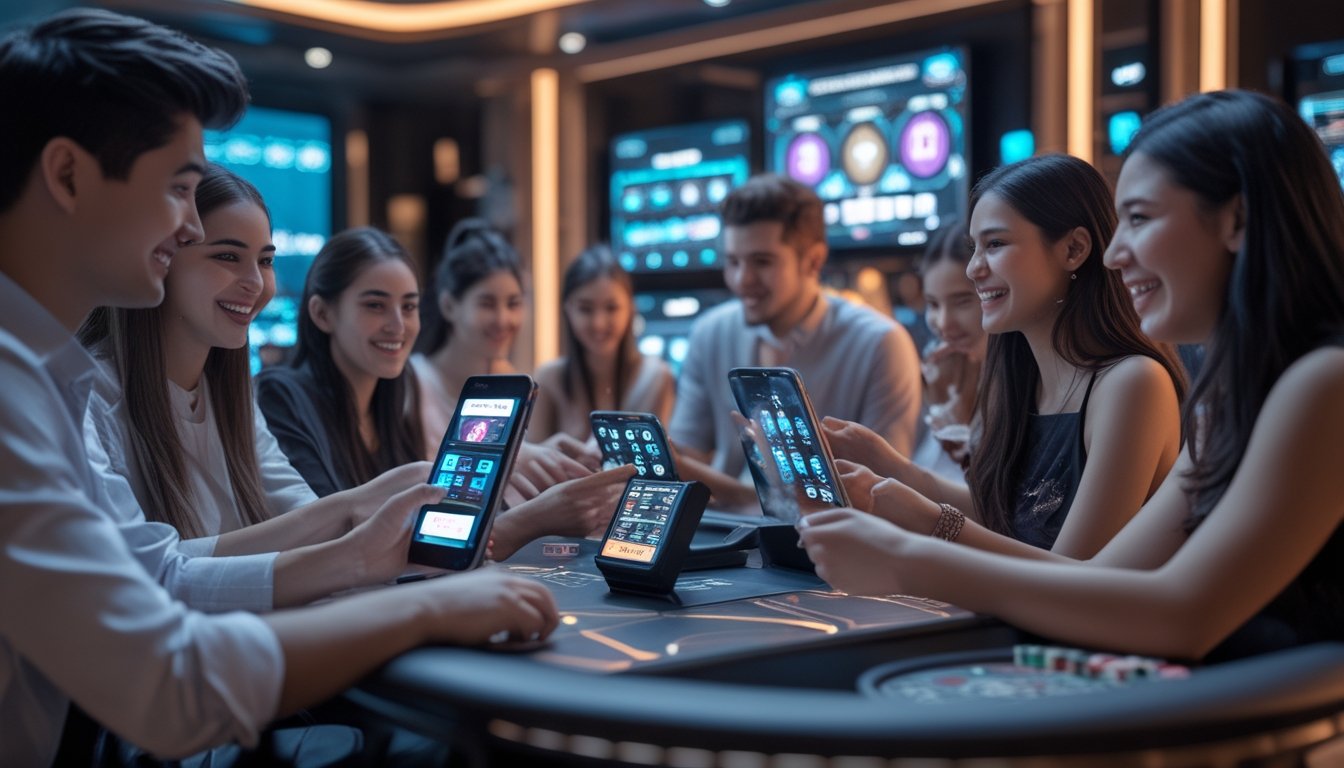 Sekelompok orang muda bermain game kasino digital bersama sambil berinteraksi di ruang santai yang modern dan terang.