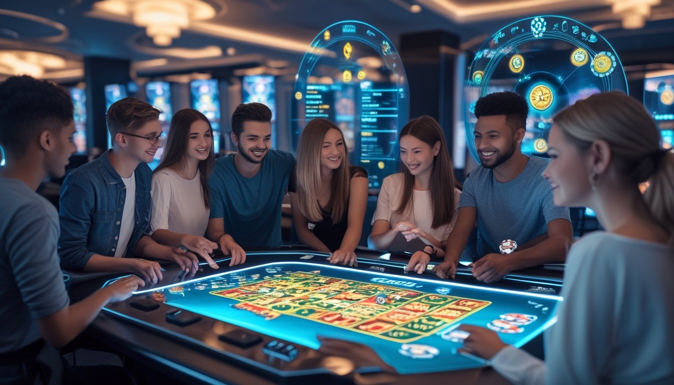 Sekelompok orang muda bermain game kasino digital bersama di meja sentuh besar dengan fitur interaksi sosial di ruang lounge modern.