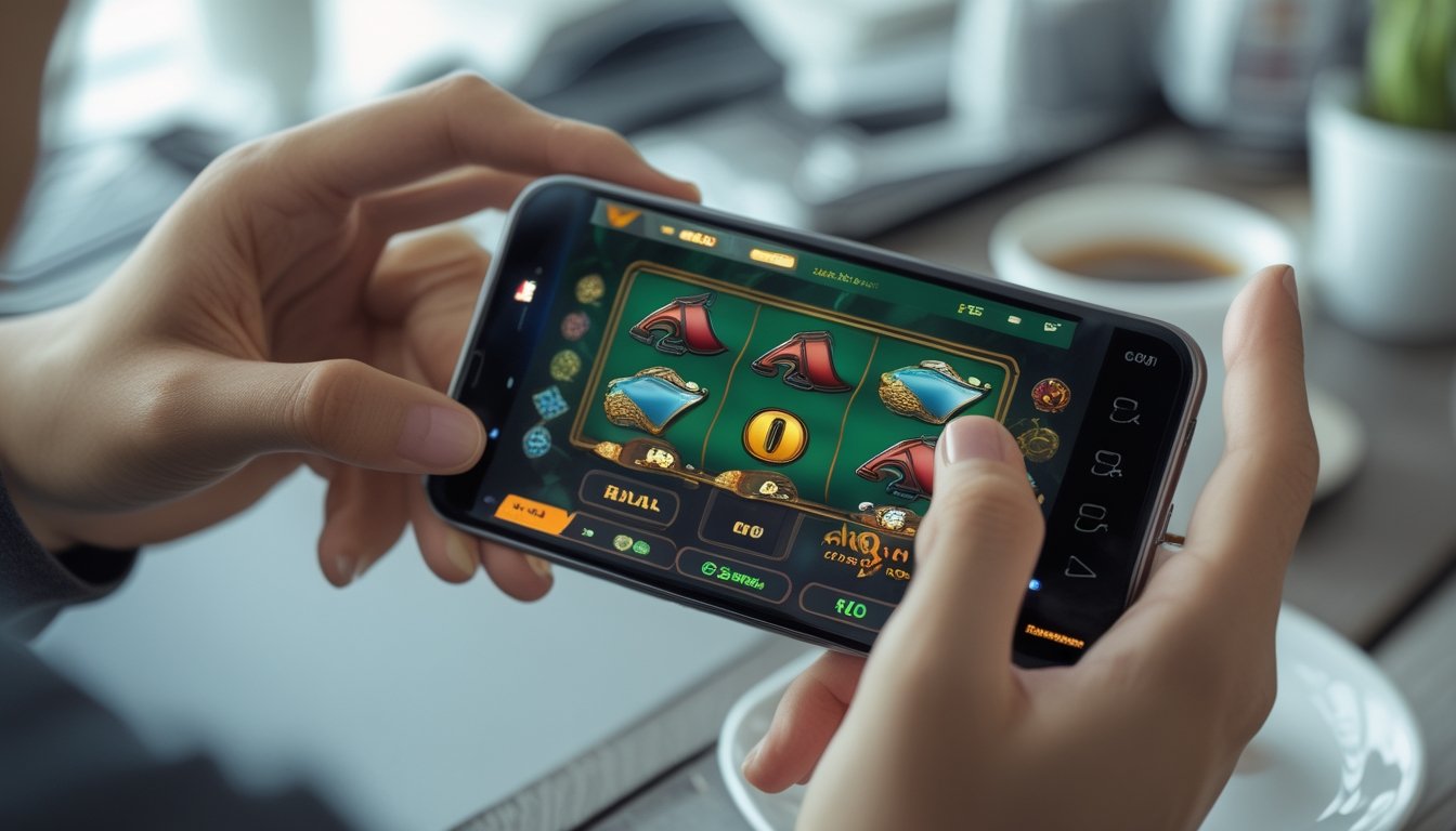 Seseorang menggunakan ponsel pintar untuk bermain permainan kasino online dengan lancar.