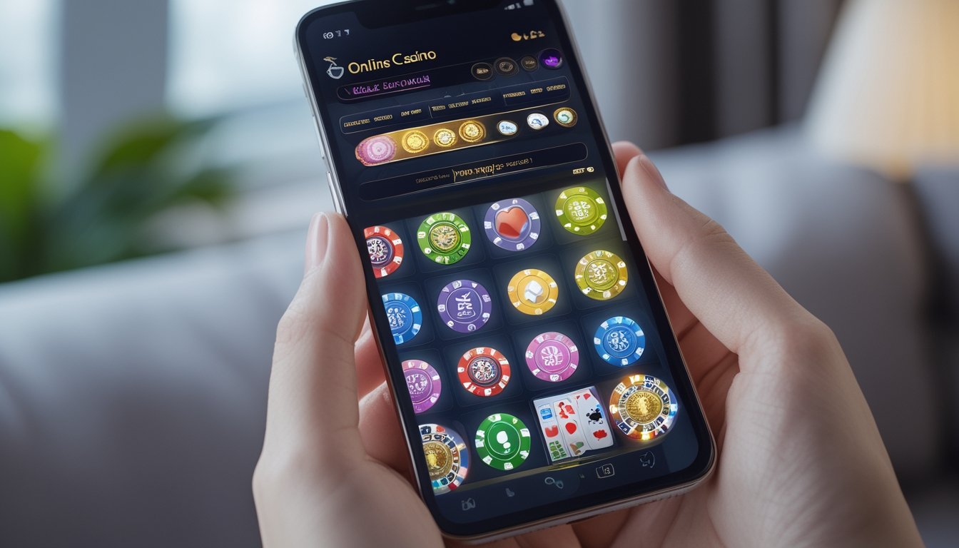 Seseorang memegang smartphone yang menampilkan platform kasino online dengan berbagai ikon permainan kasino yang berwarna-warni.