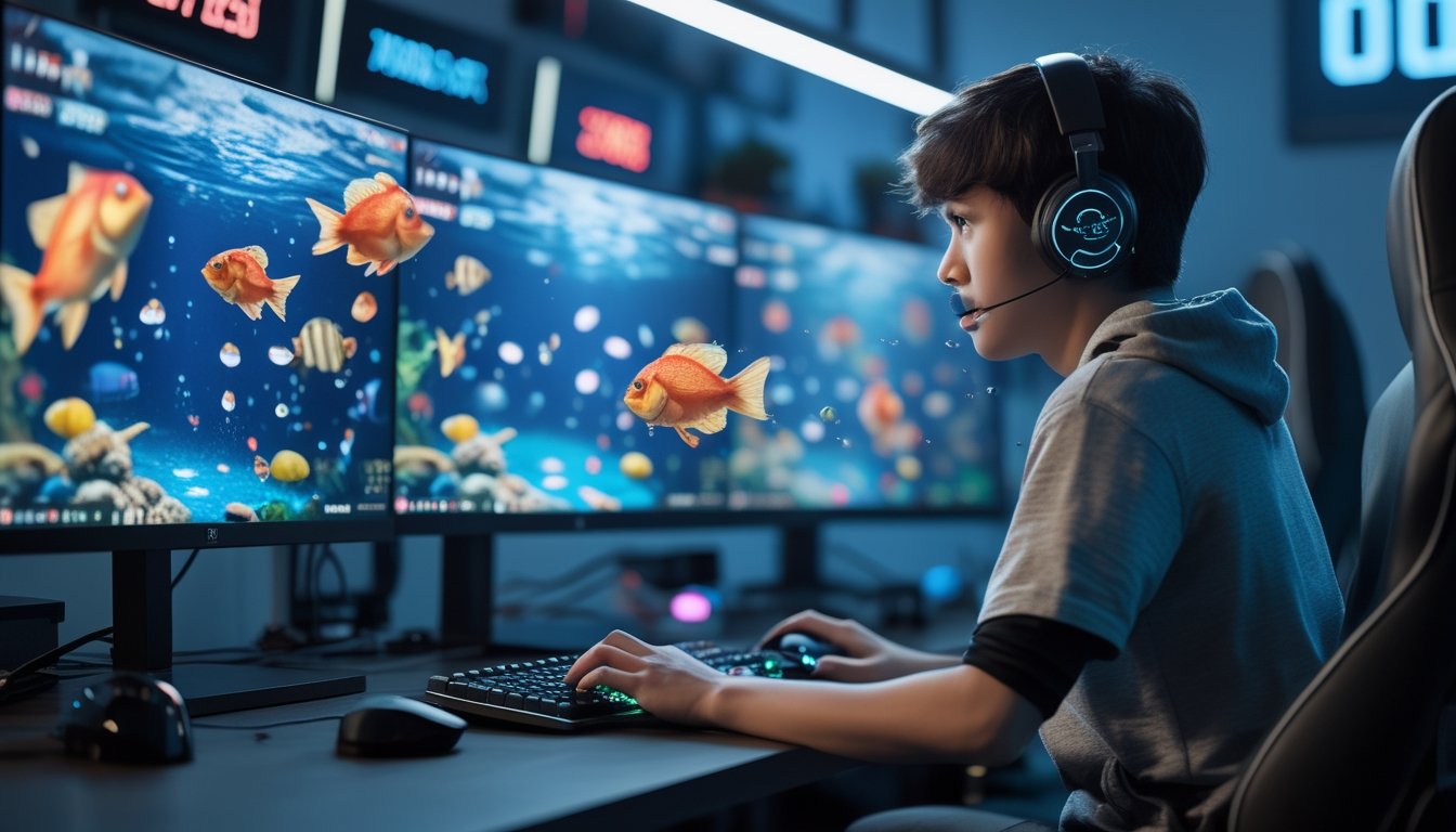 Seorang pemain muda fokus bermain game tembak ikan online di komputer dengan layar menampilkan ikan berwarna-warni dan efek tembakan.