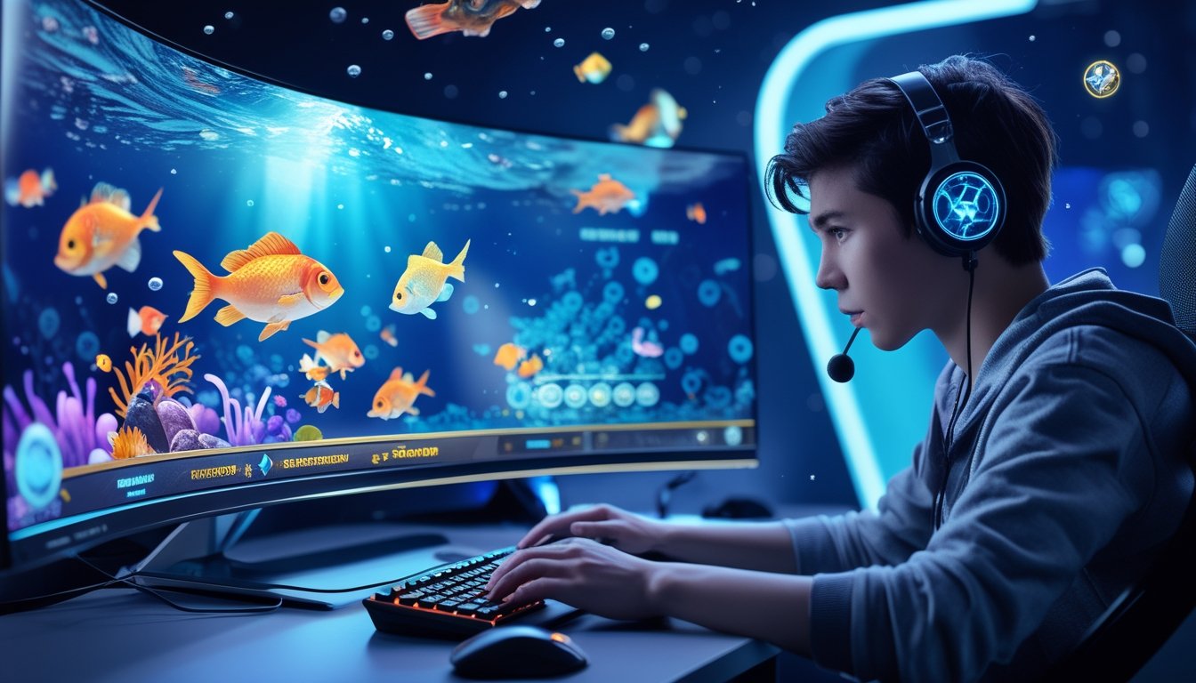 Seorang gamer muda fokus bermain permainan tembak ikan online dengan layar besar menampilkan ikan berwarna-warni dan efek tembakan di latar bawah laut.